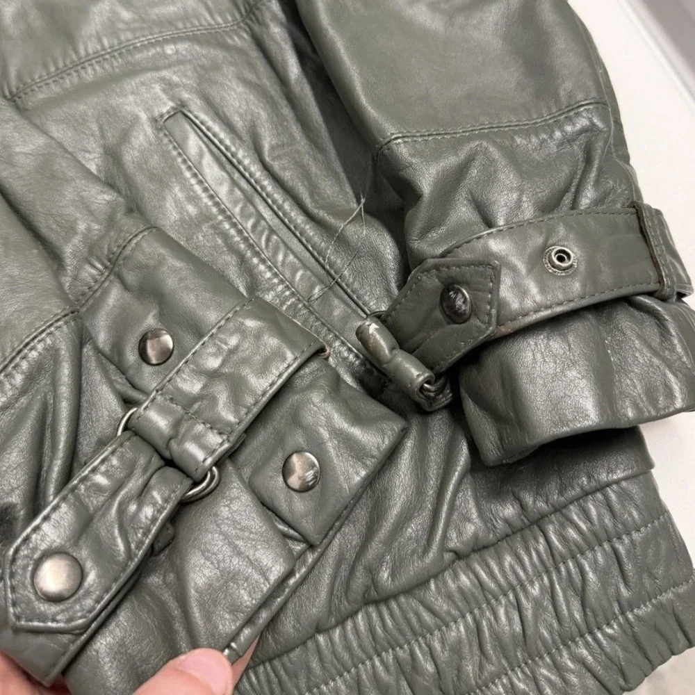 Vintage‎ Olive Green Leather Bomber Jacket Brown Trim Full Zip Mens XL